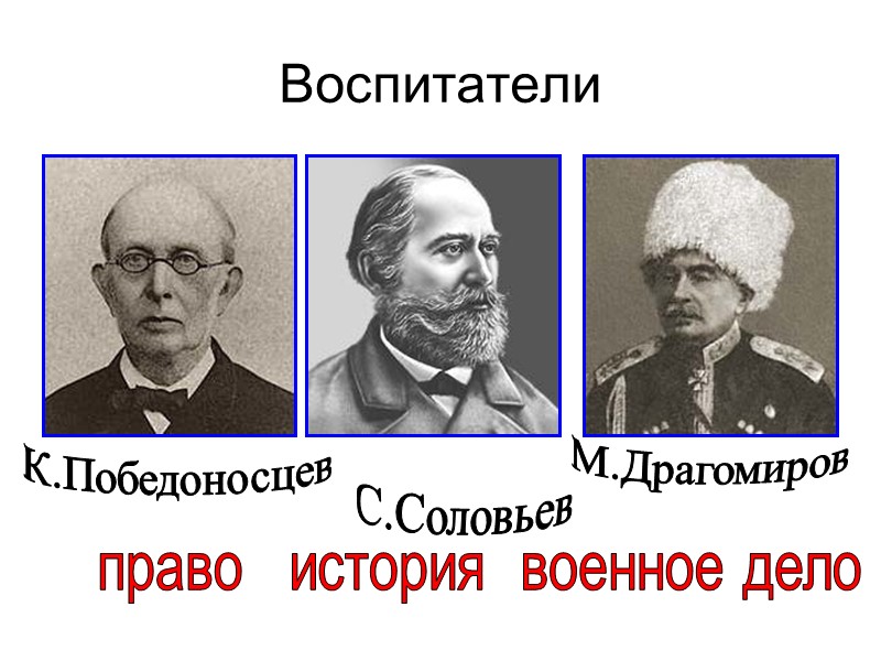 Воспитатели К.Победоносцев С.Соловьев М.Драгомиров право   история  военное дело